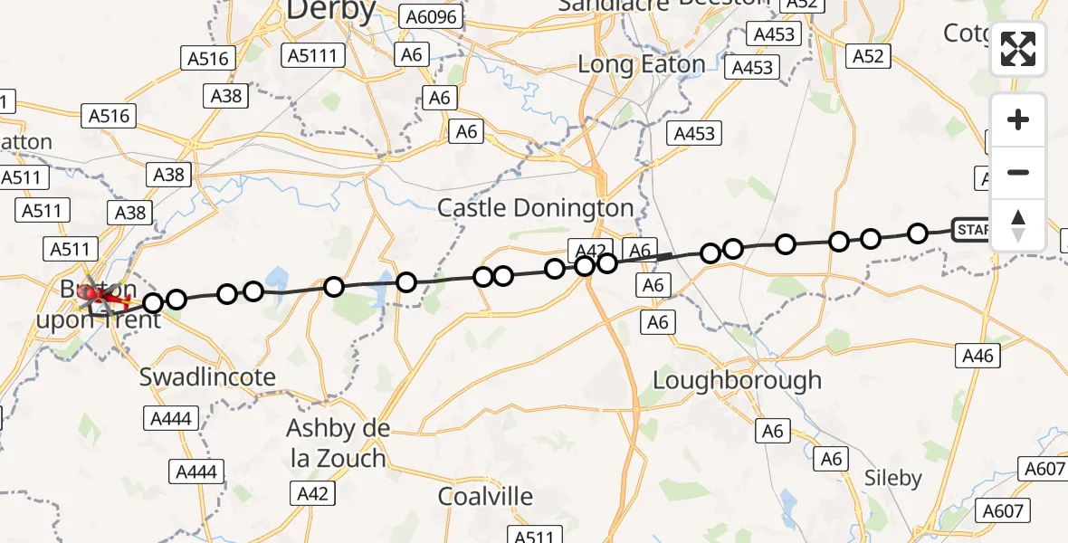 Flight path map showing Air Ambulance Helicopter route from Willoughby on the Wolds to Burton upon Trent