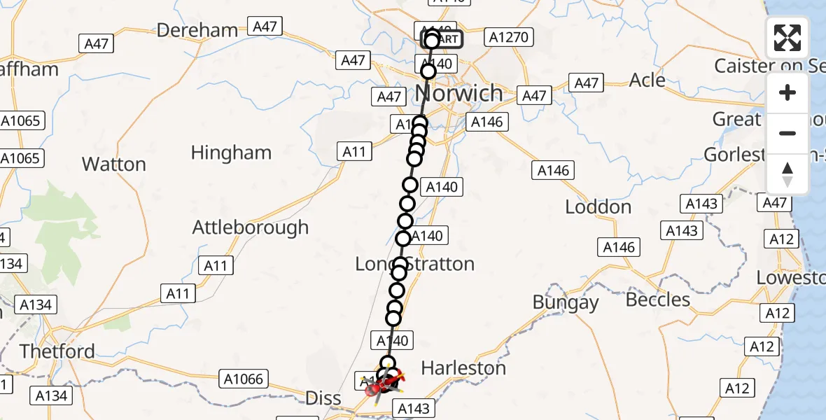 Flight path map showing Air Ambulance Helicopter route from Norwich Airport to Dickleburgh