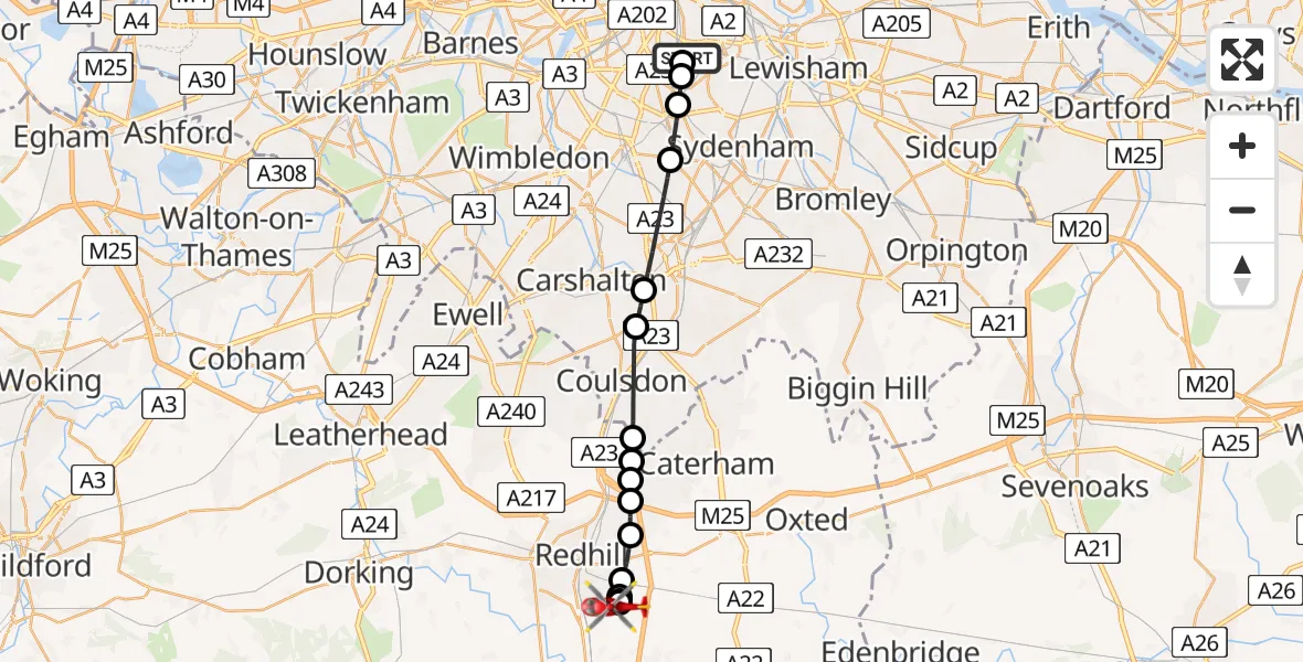 Flight path map showing Air Ambulance Helicopter route from Kings College London Hospital to Redhill Aerodrome
