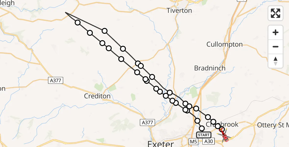 Flight path map showing Air Ambulance Helicopter route from Clyst Honiton to Rockbeare
