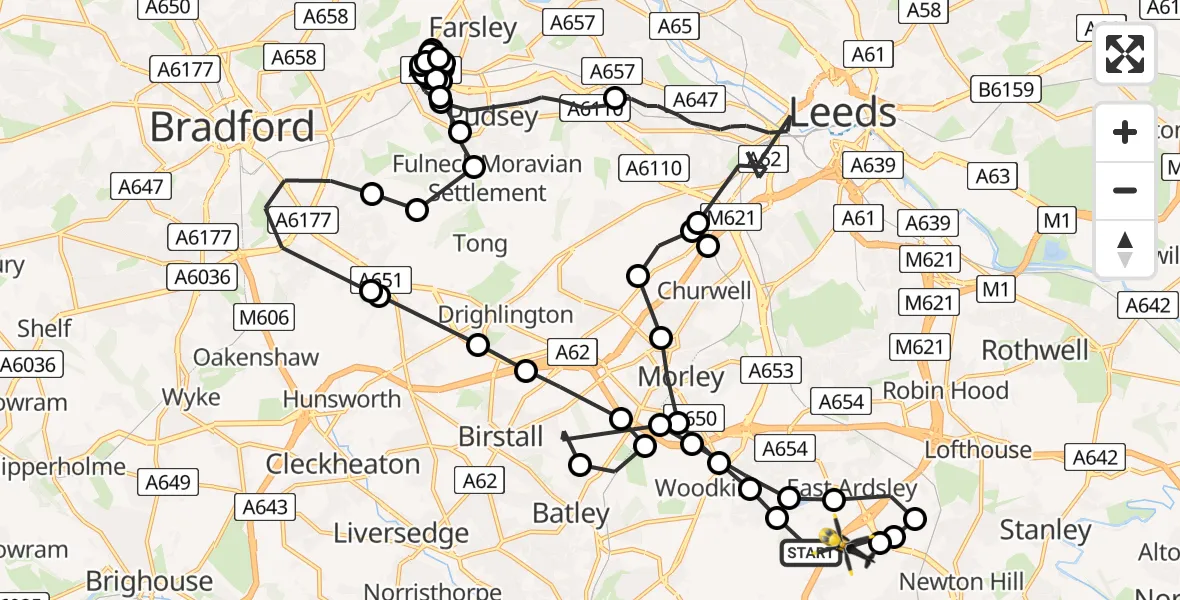 Flight path map showing Police Helicopter route from East Ardsley to East Ardsley