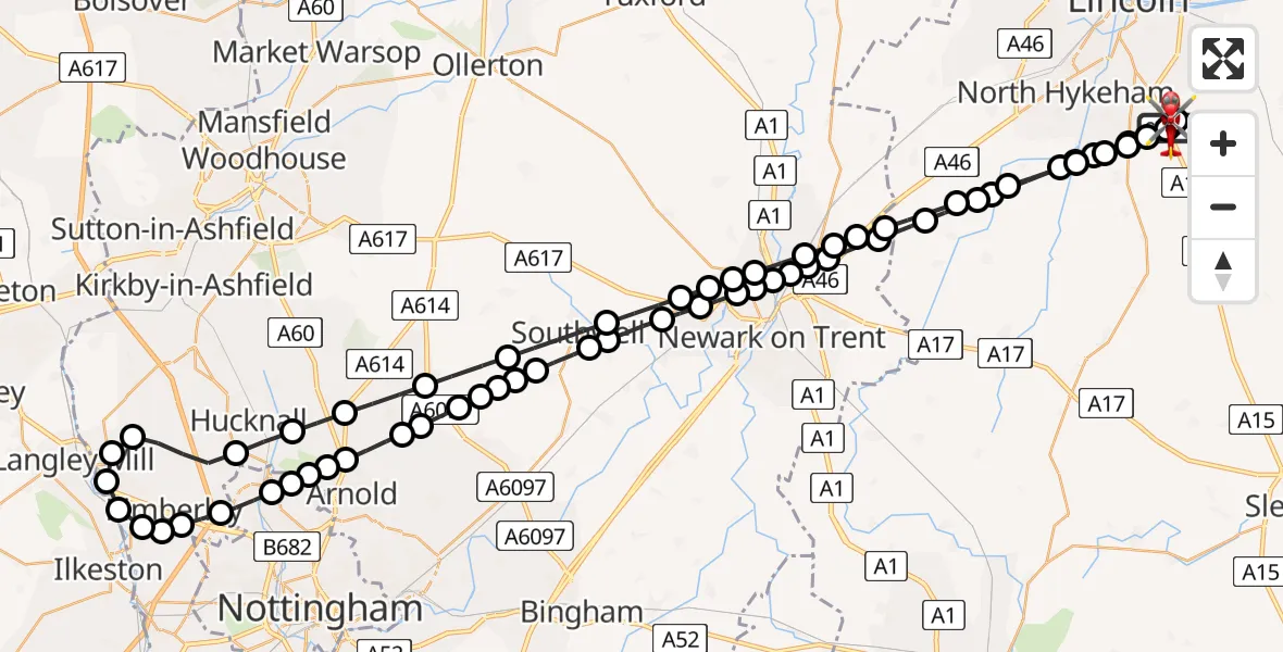 Flight path map showing Air Ambulance Helicopter route from RAF Waddington to North Kesteven