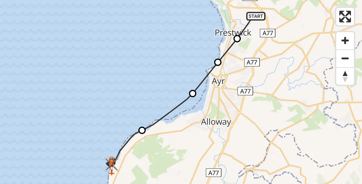 Flight path map showing Coastguard Helicopter route from Glasgow Prestwick Airport to Inner Seas