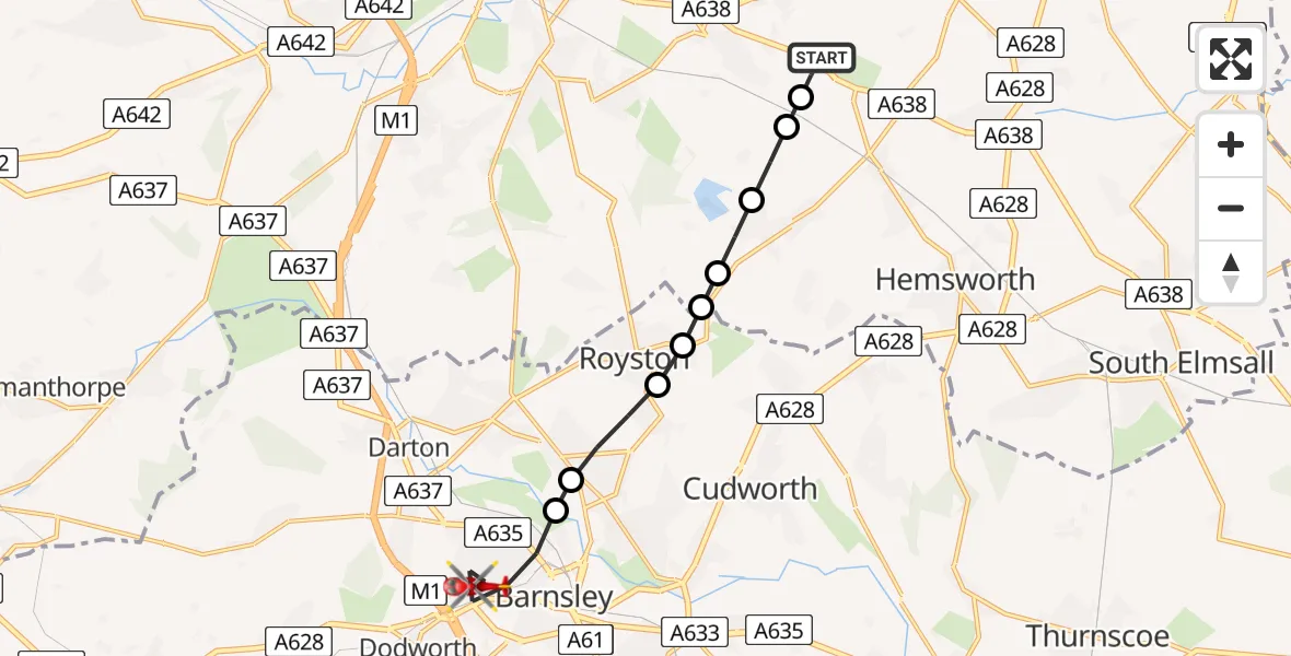 Flight path map showing Air Ambulance Helicopter route from YAA Nostell Helicopter Port to Barnsley