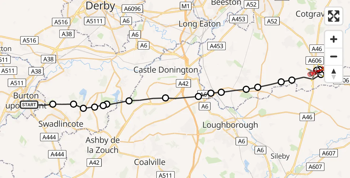 Flight path map showing Air Ambulance Helicopter route from Burton upon Trent to Nottingham Heliport