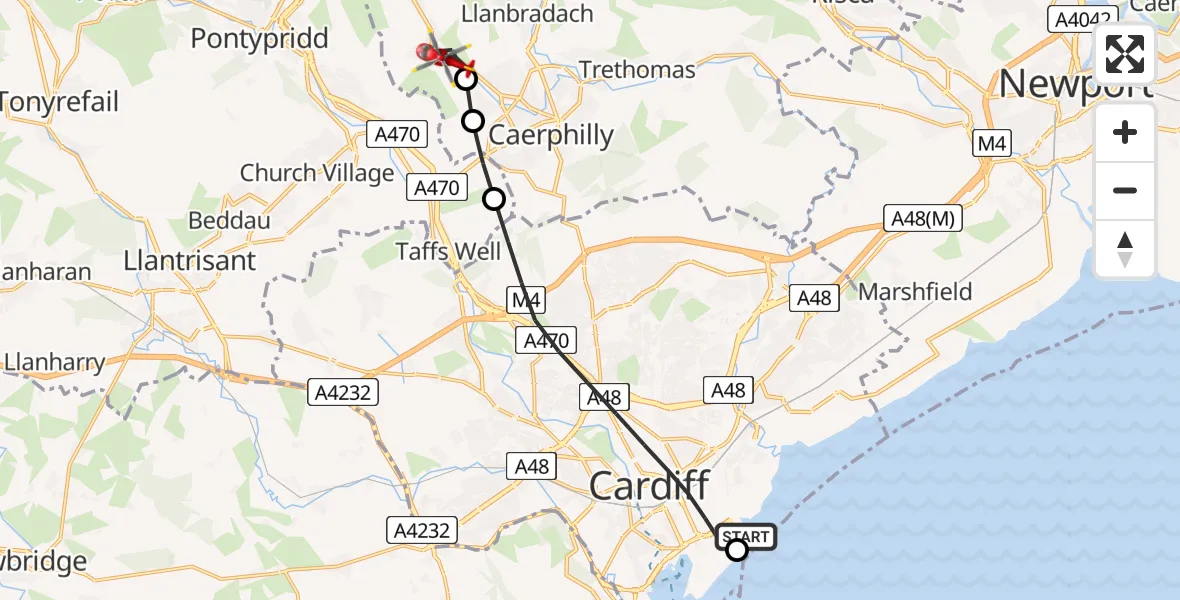Flight path map showing Air Ambulance Helicopter route from Cardiff Heliport to Abertridwr