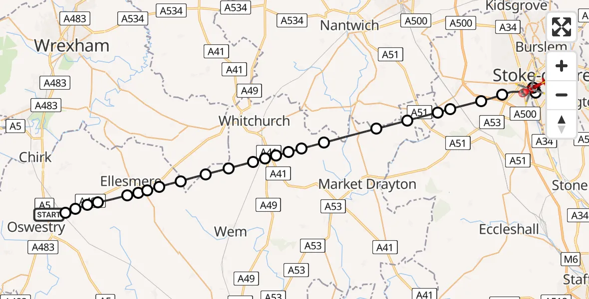 Routekaart van de vlucht: Air Ambulance Helicopter to University Hospital North Staffs