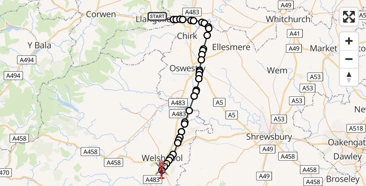 Flight path map showing Air Ambulance Helicopter route from Llangollen to Welshpool Airport