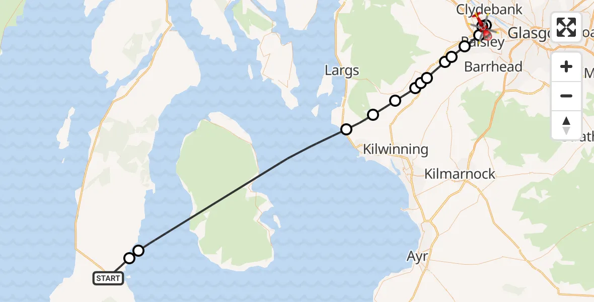 Flight path map showing Air Ambulance Helicopter route from Campbeltown to Glasgow Airport