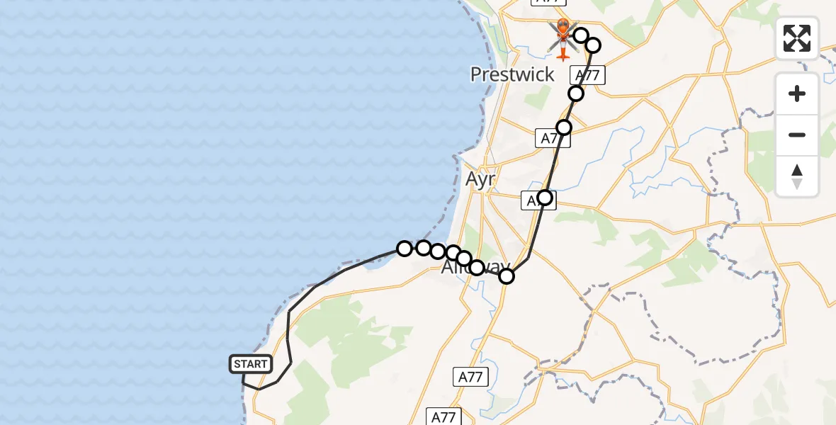 Flight path map showing Coastguard Helicopter route from Inner Seas to Glasgow Prestwick Airport