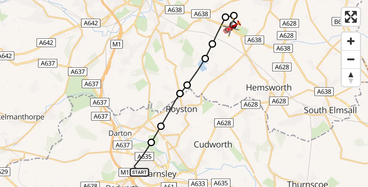 Flight path map showing Air Ambulance Helicopter route from Barnsley to YAA Nostell Helicopter Port