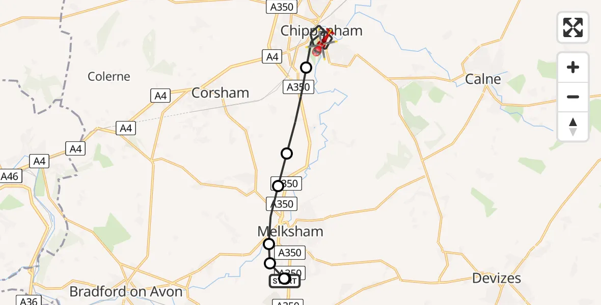 Flight path map showing Air Ambulance Helicopter route from Wiltshire Air Ambulance to Chippenham