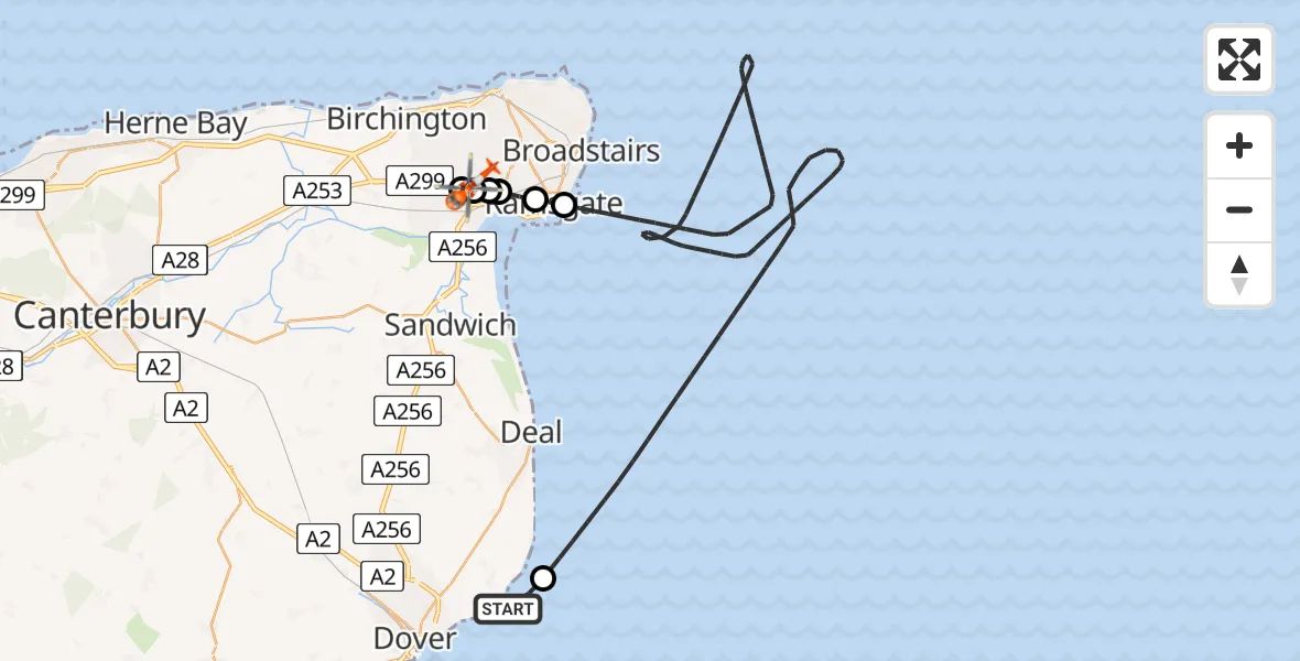 Flight path map showing Coastguard Helicopter route from English Channel to Manston Airport