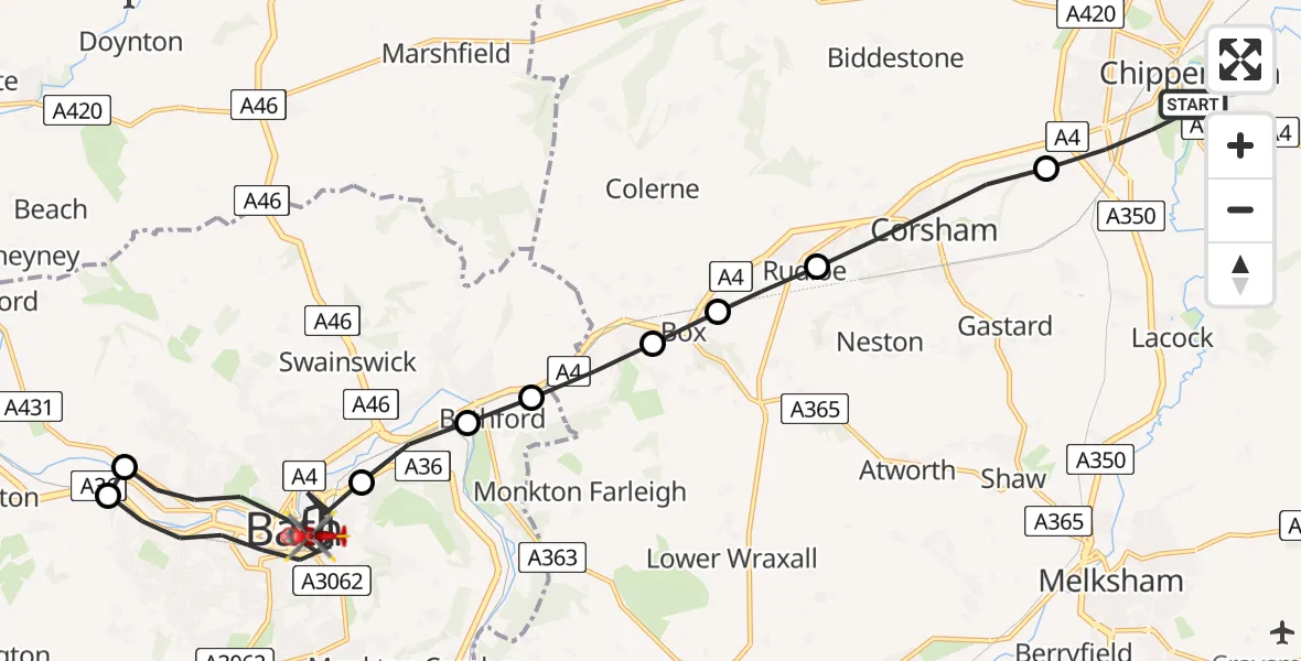 Flight path map showing Air Ambulance Helicopter route from Chippenham to Bath