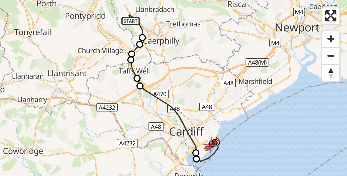 Flight path map showing Air Ambulance Helicopter route from Abertridwr to Cardiff Heliport
