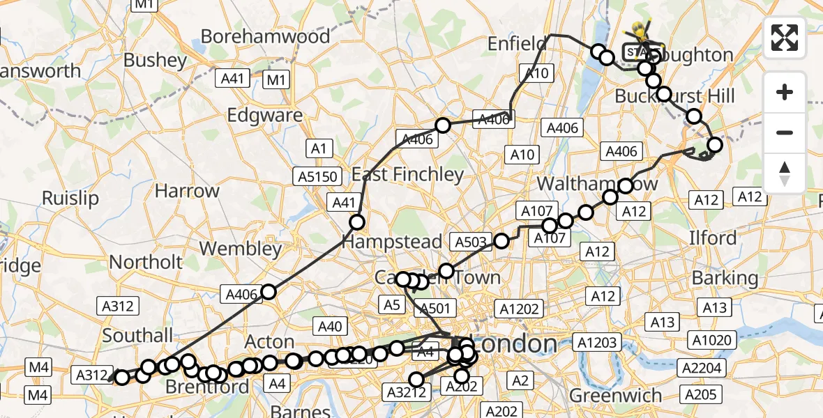 Flight path map showing Police Helicopter route from Metropolitan Police Air Support Unit Lippitts Hill to Metropolitan Police Air Support Unit Lippitts Hill