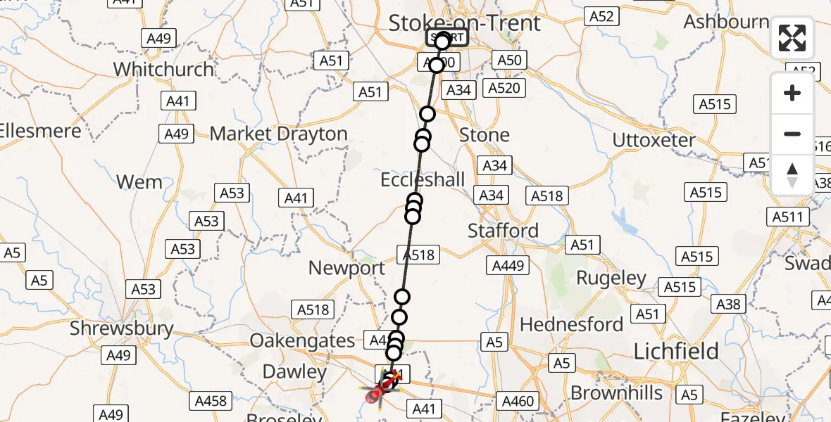 Flight path map showing Air Ambulance Helicopter route from University Hospital North Staffs to Cosford