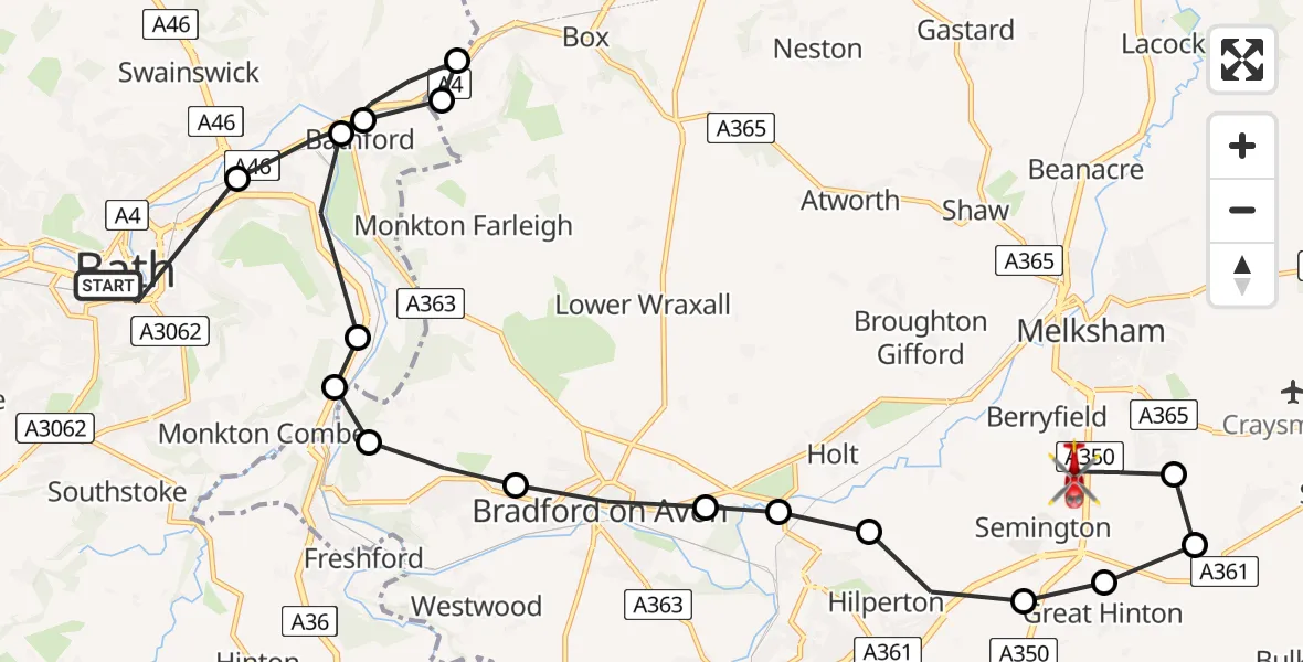 Flight path map showing Air Ambulance Helicopter route from Bath to Wiltshire Air Ambulance