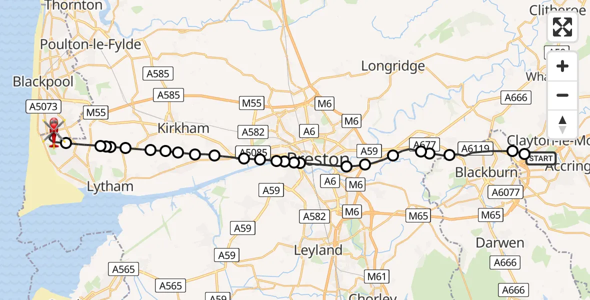 Flight path map showing Air Ambulance Helicopter route from Rishton to Blackpool Airport