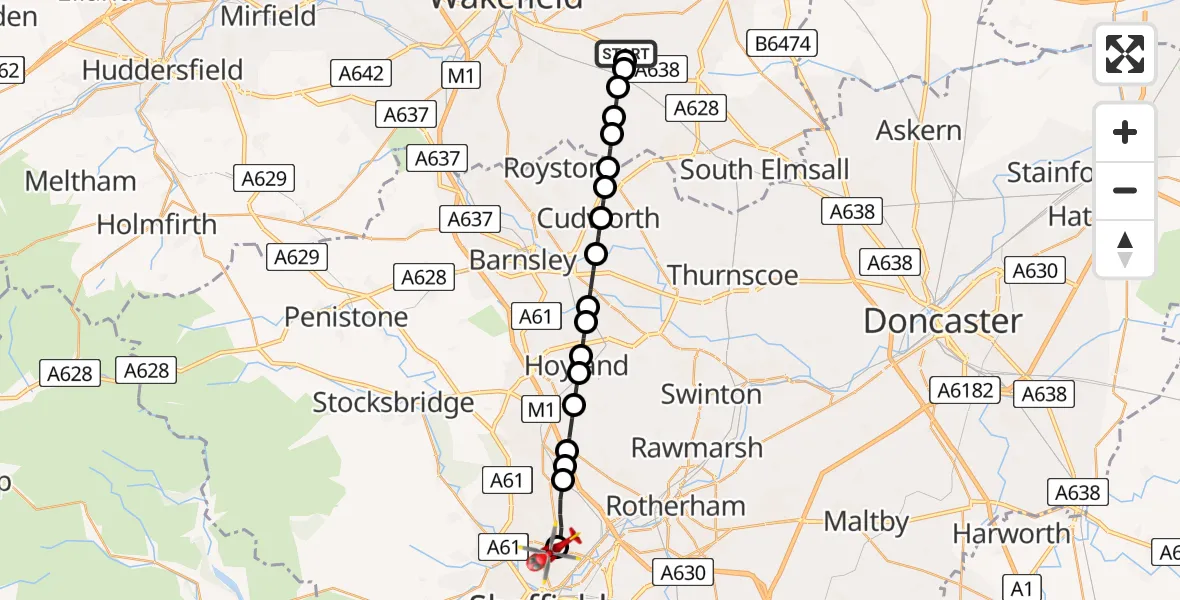Flight path map showing Air Ambulance Helicopter route from YAA Nostell Helicopter Port to Sheffield Northern Hospital