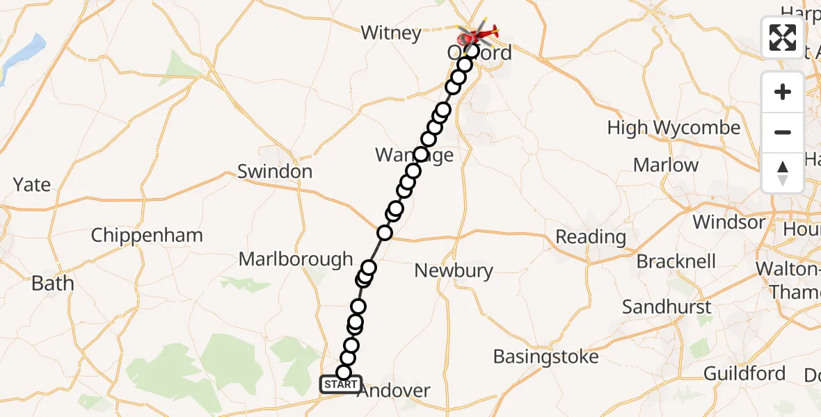 Flight path map showing Air Ambulance Helicopter route from Kimpton to Oxford