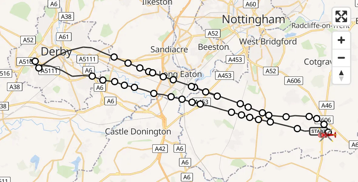 Flight path map showing Air Ambulance Helicopter route from Widmerpool to Nottingham Heliport
