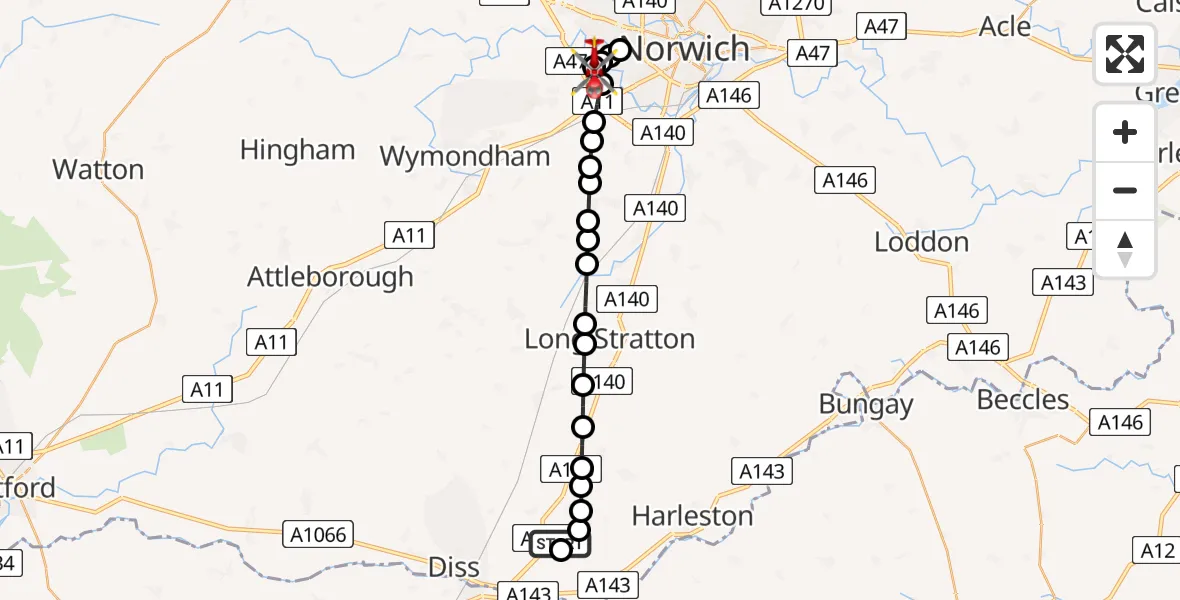 Flight path map showing Air Ambulance Helicopter route from Dickleburgh to Norfolk & Norwich Hospital