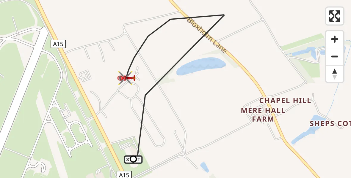 Flight path map showing Air Ambulance Helicopter route from RAF Waddington to North Kesteven
