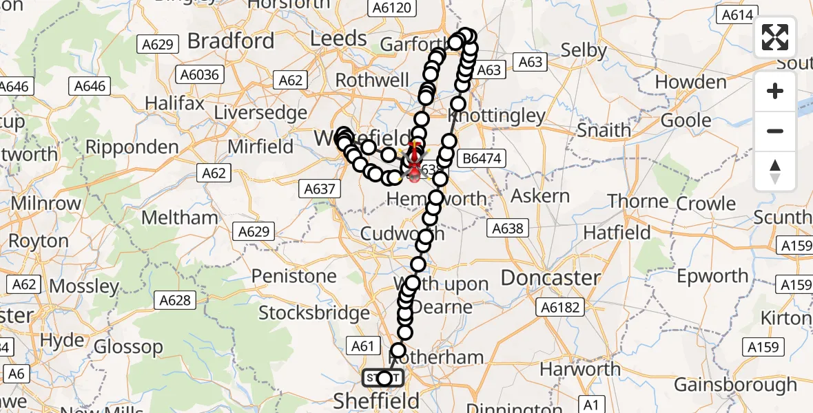 Flight path map showing Air Ambulance Helicopter route from Sheffield Northern Hospital to YAA Nostell Helicopter Port