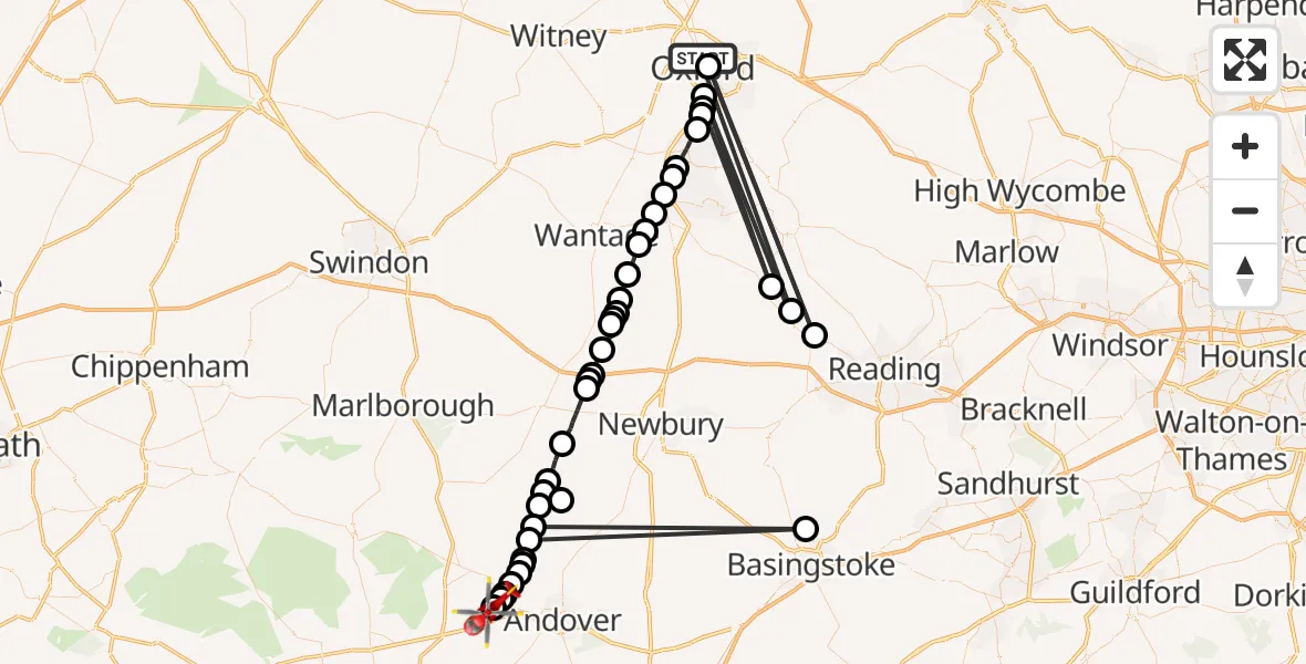 Flight path map showing Air Ambulance Helicopter route from Oxford to Kimpton
