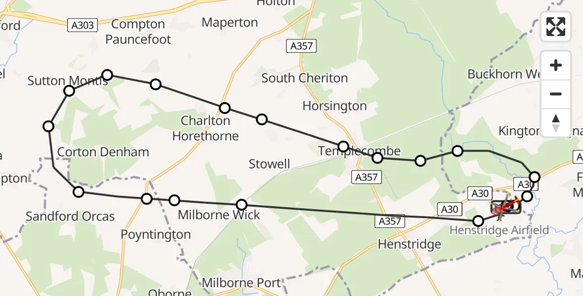 Flight path map showing Air Ambulance Helicopter route from Henstridge Airfield to Henstridge Airfield