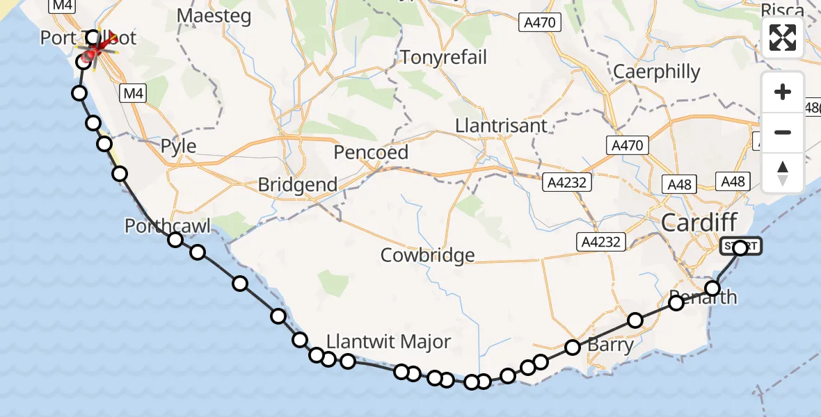 Flight path map showing Air Ambulance Helicopter route from Cardiff Heliport to Port Talbot