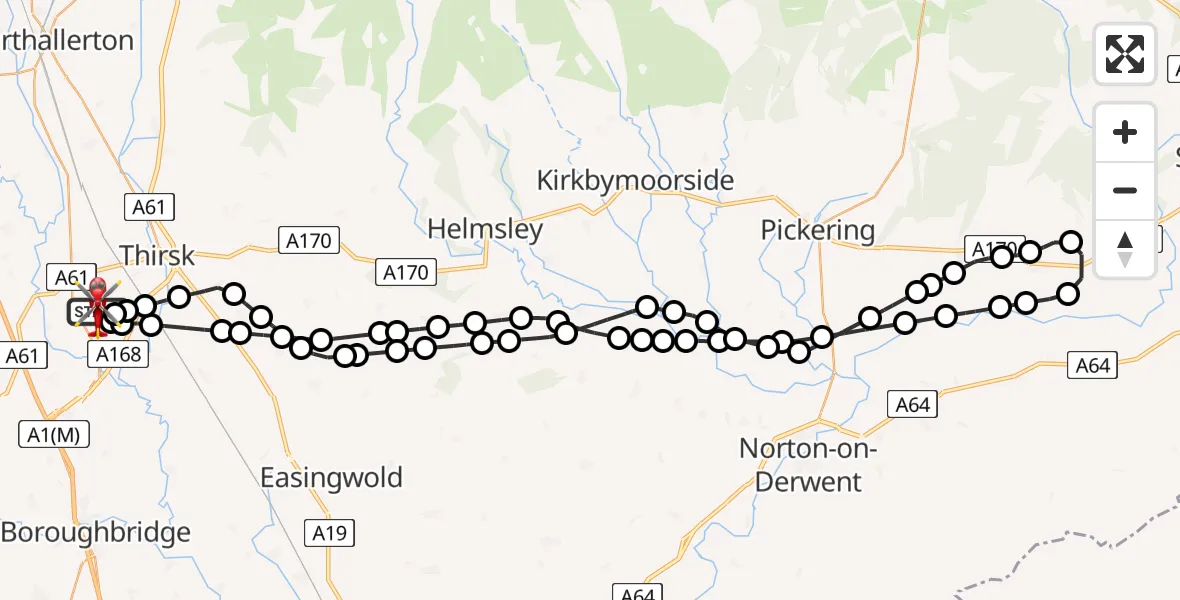 Flight path map showing Air Ambulance Helicopter route from RAF Topcliffe to RAF Topcliffe