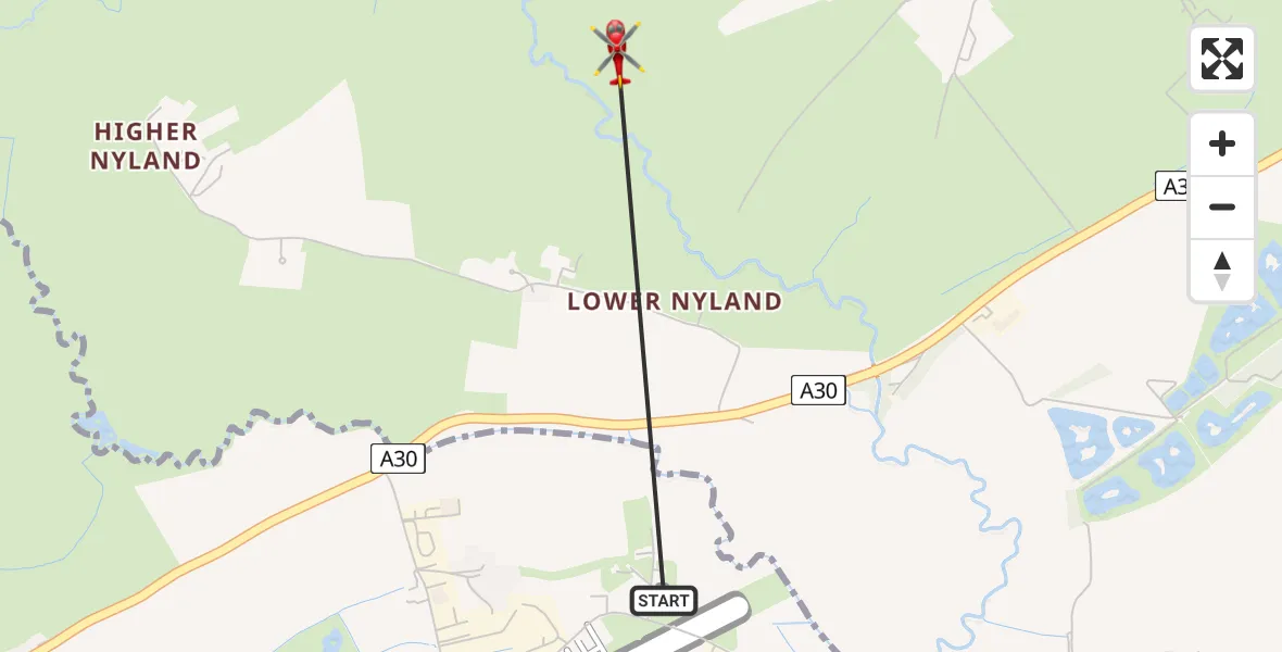 Flight path map showing Air Ambulance Helicopter route from Henstridge Airfield to Kington Magna