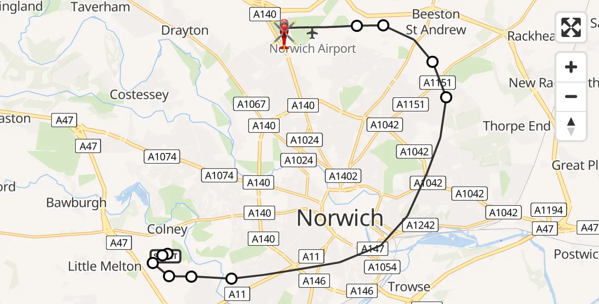 Routekaart van de vlucht: Air Ambulance Helicopter to Norwich Airport