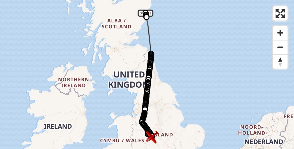 Flight path map showing Air Ambulance Aircraft route from Aberdeen International Airport to Birmingham Airport