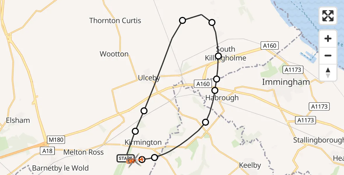 Flight path map showing Coastguard Helicopter route from Humberside Airport to Humberside Airport