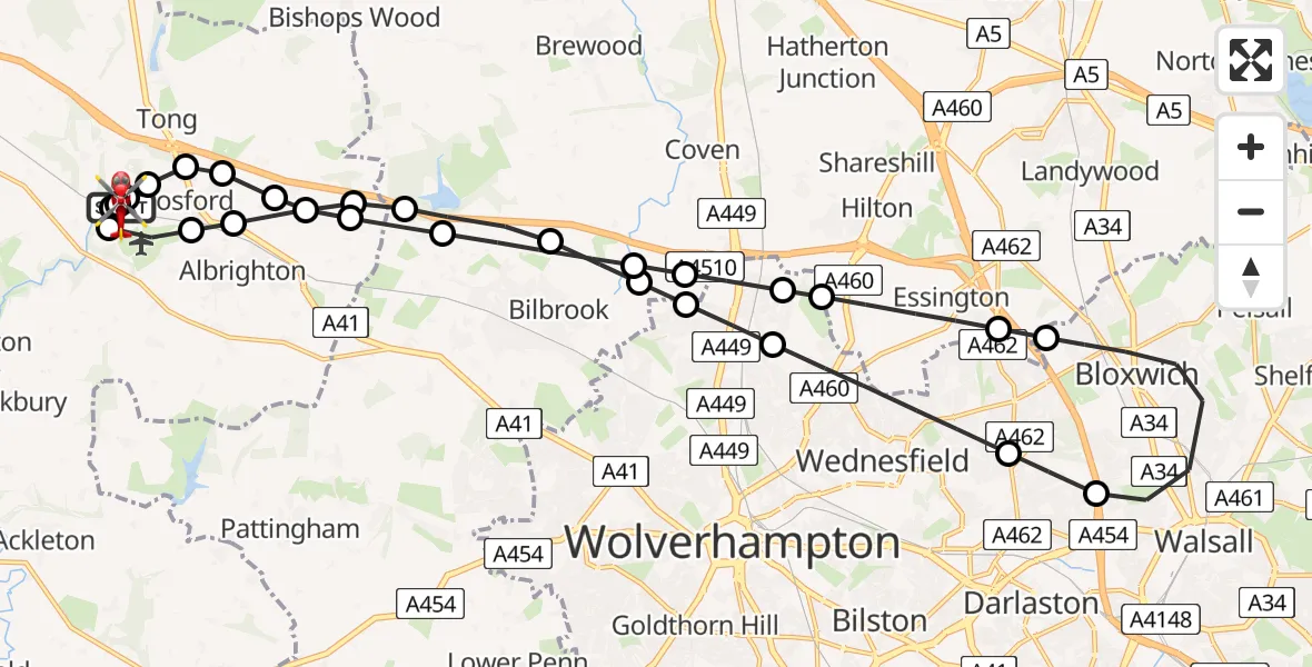 Flight path map showing Air Ambulance Helicopter route from RAF Cosford to Cosford