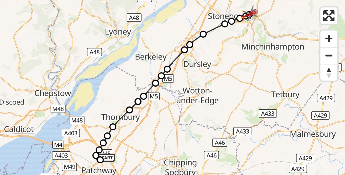 Flight path map showing Air Ambulance Helicopter route from Almondsbury Helicopter Base to Rodborough