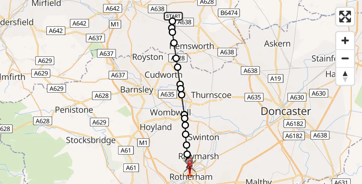 Routekaart van de vlucht: Air Ambulance Helicopter to Greasbrough, Mangham Road