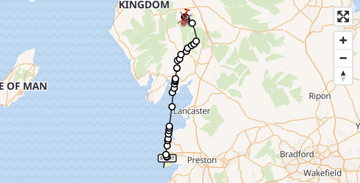 Flight path map showing Air Ambulance Helicopter route from Blackpool Airport to Watermillock