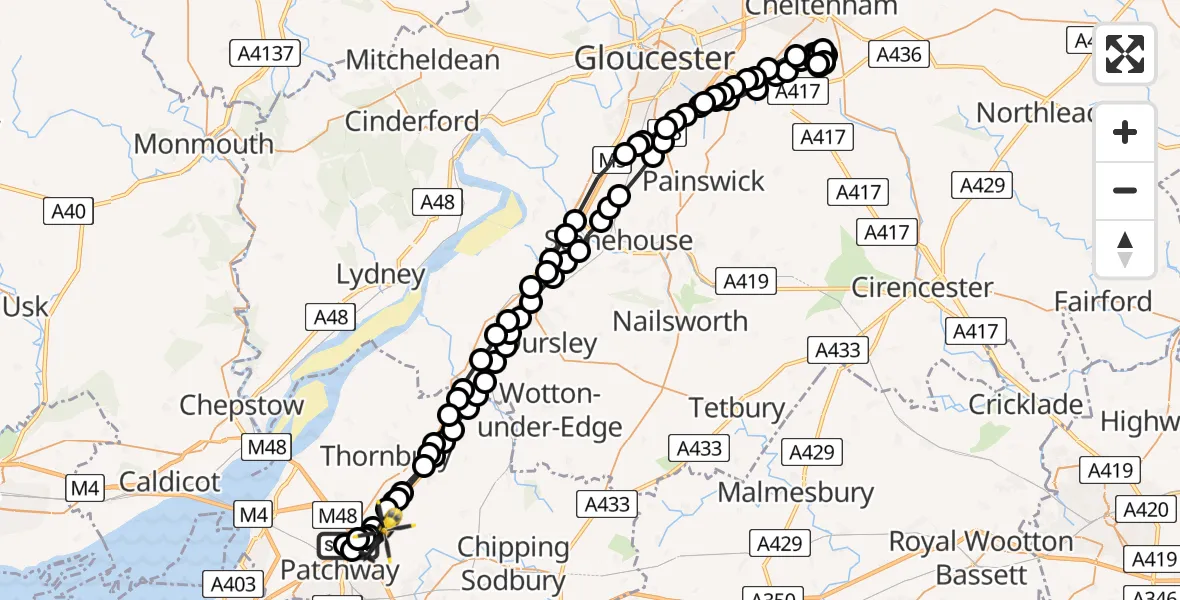 Flight path map showing Police Helicopter route from Almondsbury Helicopter Base to Bradley Stoke