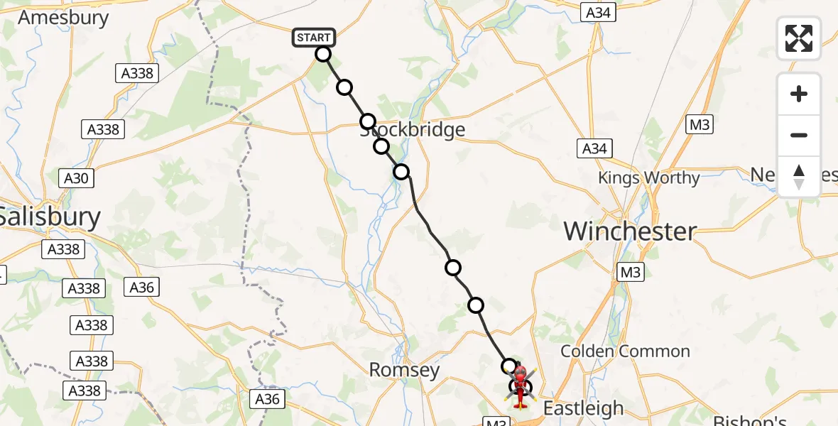 Flight path map showing Air Ambulance Helicopter route from Test Valley to Test Valley