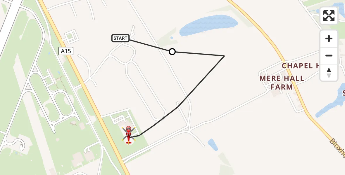 Flight path map showing Air Ambulance Helicopter route from RAF Waddington to North Kesteven