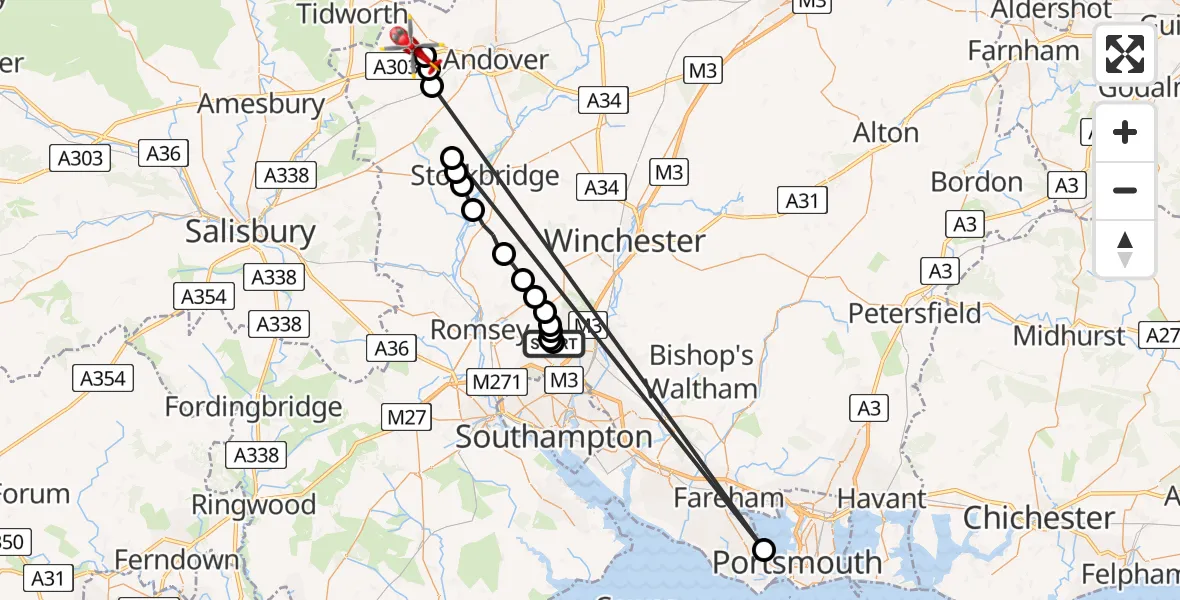Flight path map showing Air Ambulance Helicopter route from Test Valley to Fyfield