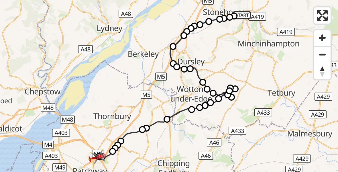 Flight path map showing Air Ambulance Helicopter route from Selsley to Almondsbury Helicopter Base