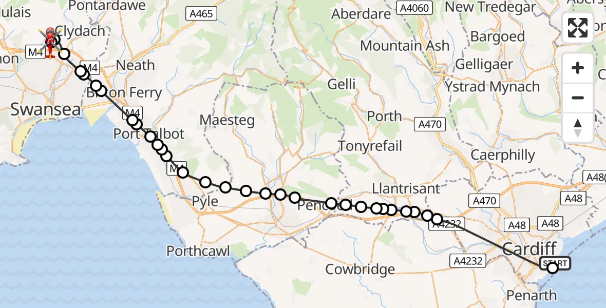 Flight path map showing Air Ambulance Helicopter route from Cardiff Heliport to Morriston Hospital Helipad