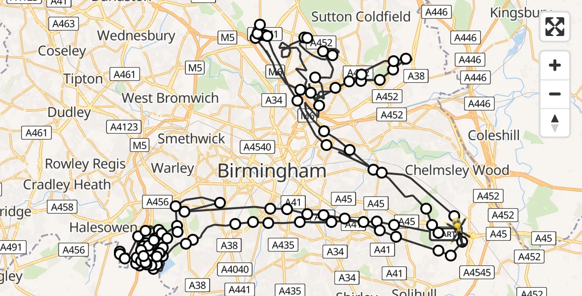 Flight route Police Helicopter Birmingham Airport - Birmingham Airport, 15 March 2026, 14:07