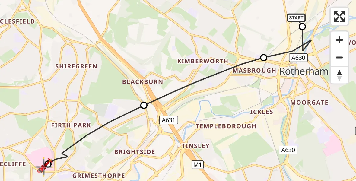 Routekaart van de vlucht: Air Ambulance Helicopter to Sheffield Northern Hospital