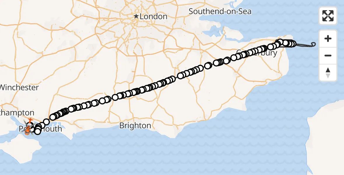 Flight path map showing Coastguard Helicopter route from Manston Airport to Solent Airport
